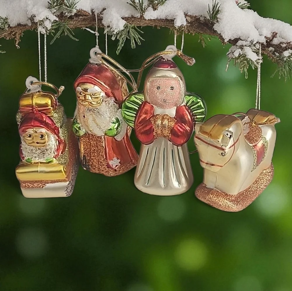 Vintage Christmas Mini Ornament Set Santa Angel Sleigh Rocking Horse Retro Decor
